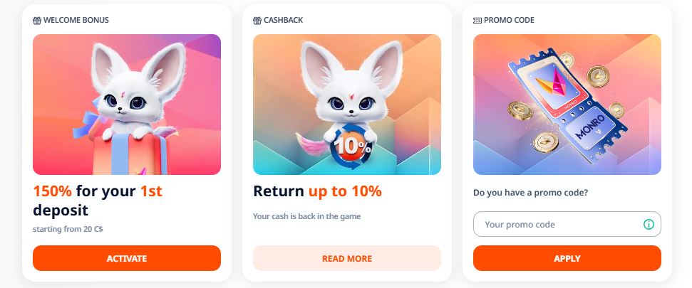 Activate 150% welcome bonus cashback and promo code at Monro